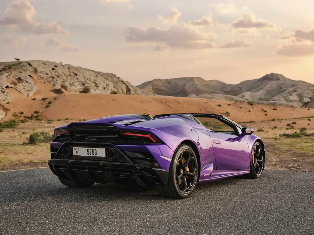 Hire a Purple Lamborghini Huracan Evo Spyder in Dubai