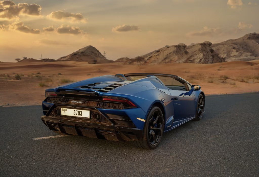 Rent Blue Lamborghini Huracan Evo Spyder in Dubai