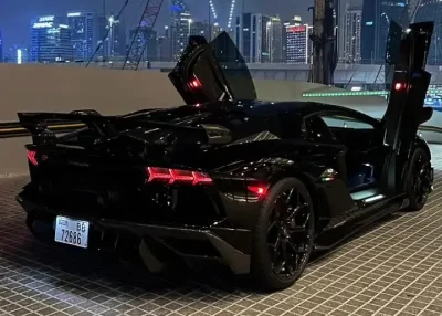 Black Lamborghini Aventador SVJ coupé available for rent in Dubai