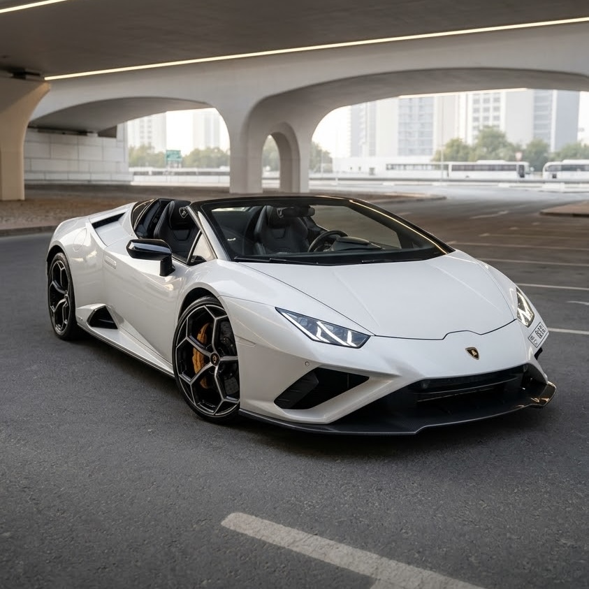 Rent a White Lamborghini Huracan Evo Spyder in Dubai