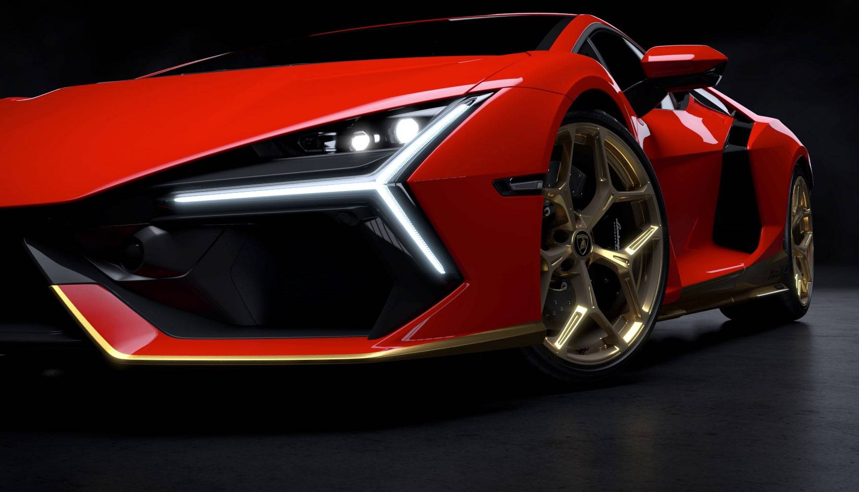Lamborghini Revuelto For Rent In Dubai Official Lamborghini Revuelto Miura 60° Homage showing red bodywork and gold exterior detailing