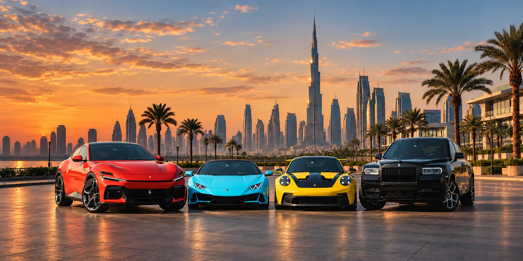 Ferrari, Lamborghini, Porsche and Rolls-Royce cars with the Dubai skyline at sunset