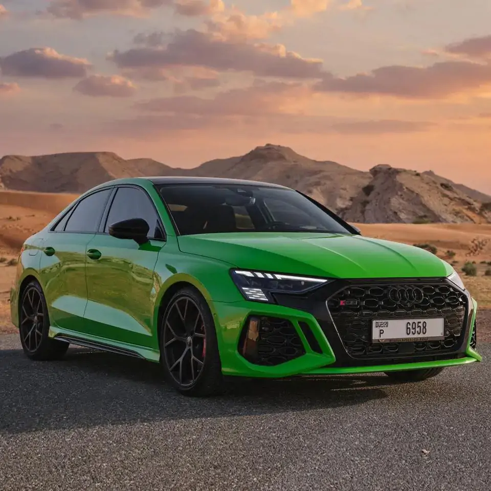Green Audi RS3 rental in Dubai