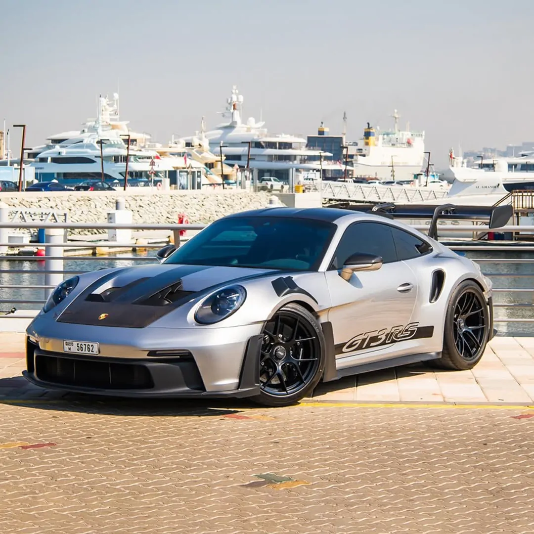 Silver Porsche 911 GT3 RS rental in Dubai